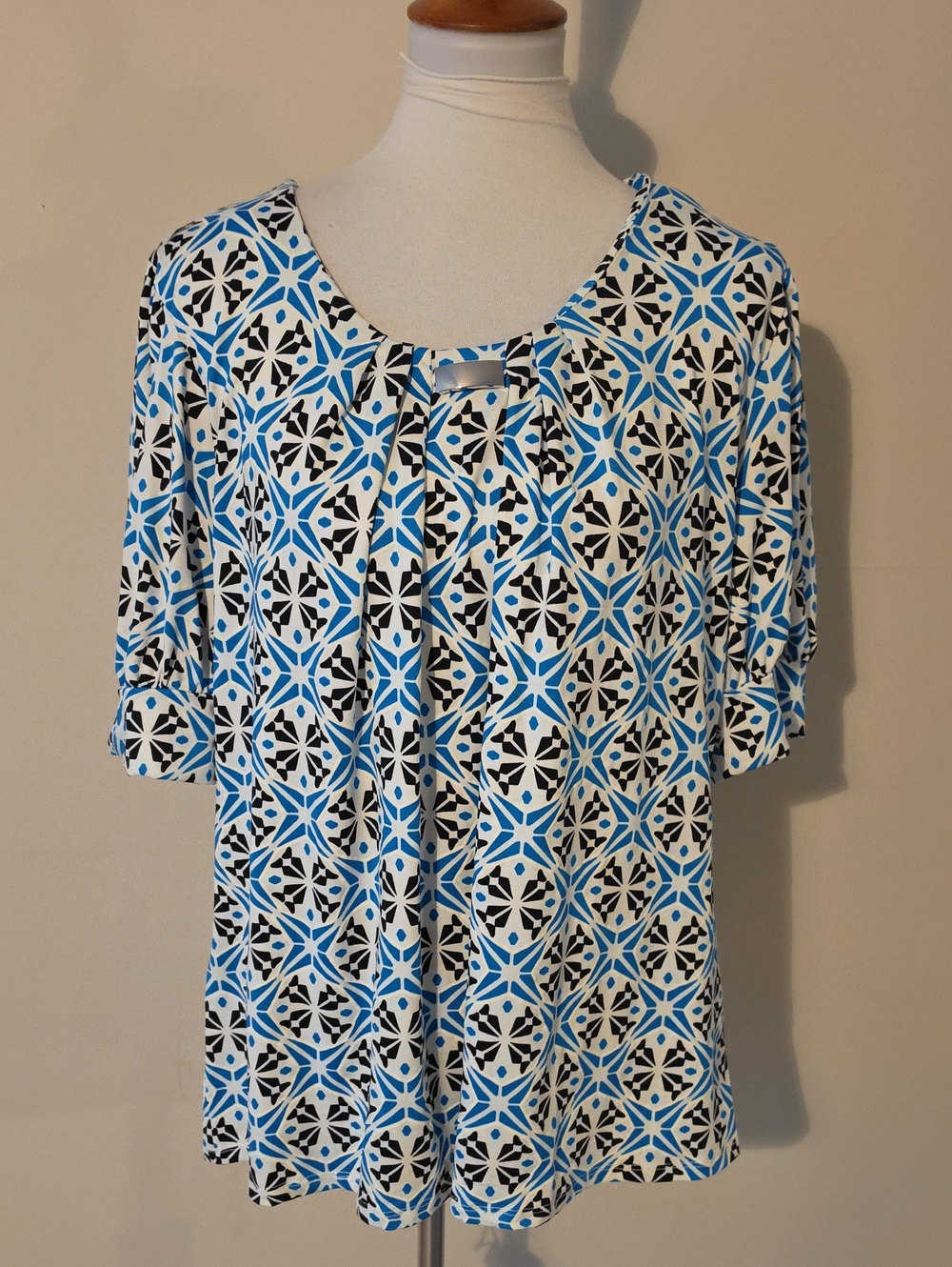 Notations Geometric Blue and Black Blouse Brand New
